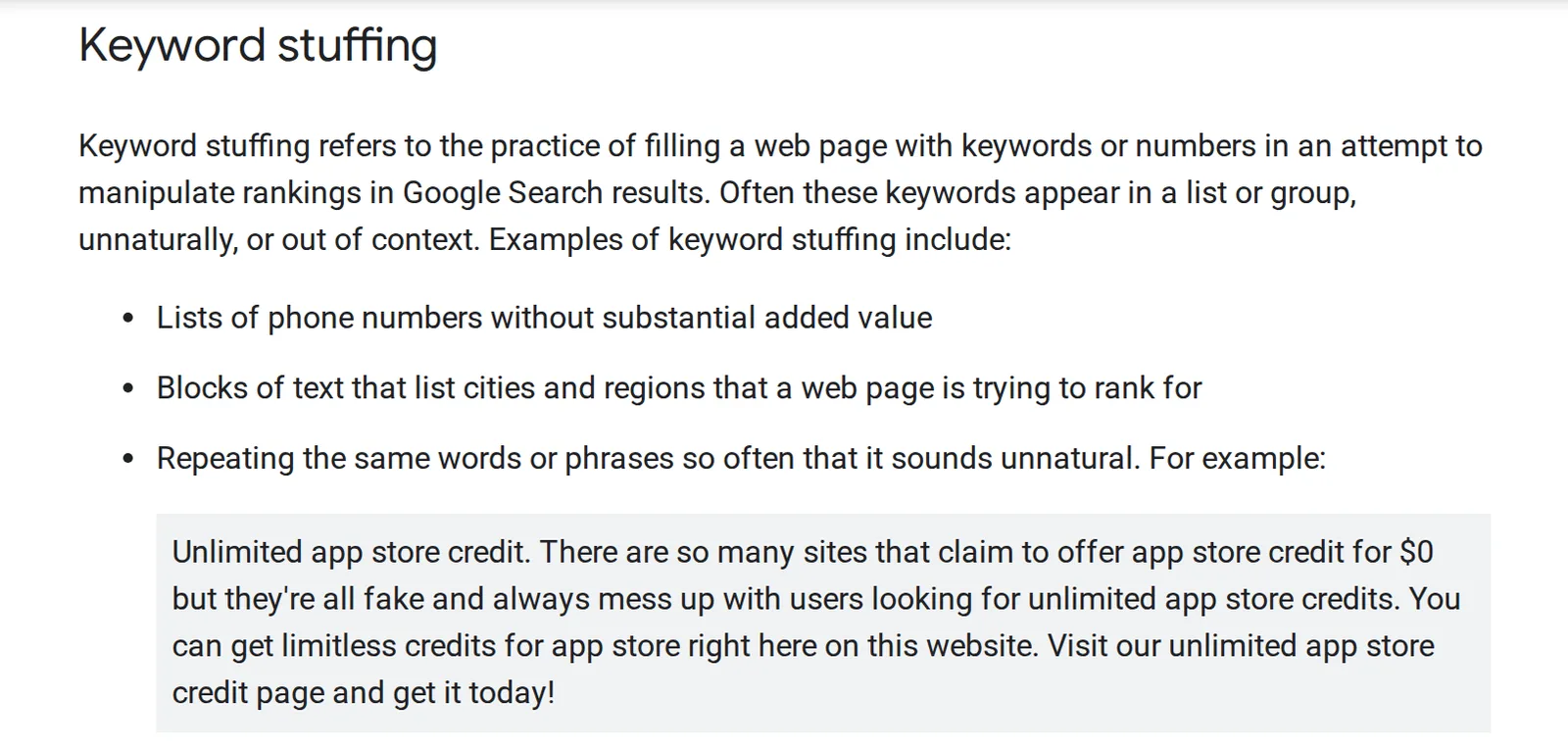 The keyword stuffing section of Google's spam policies, listing lists of phone numbers without added value, blocks of text listing cities and regions, and repeating the same words so often it sounds unnatural, with an example paragraph that repeats unlimited app store credit