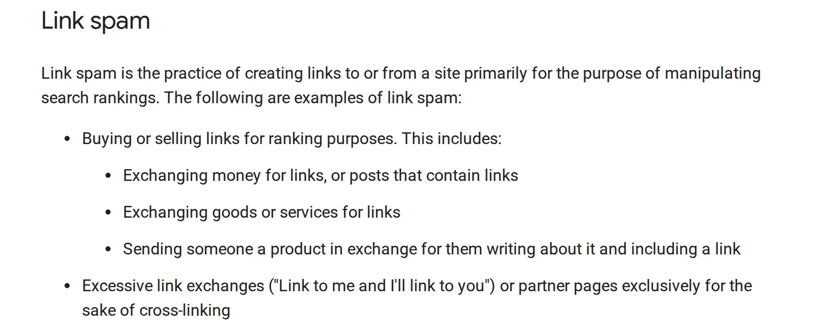 The link spam section of Google's spam policies, listing buying or selling links for ranking purposes, including exchanging money for links, exchanging goods or services for links, and sending someone a product in exchange for them writing about it and including a link, plus excessive link exchanges