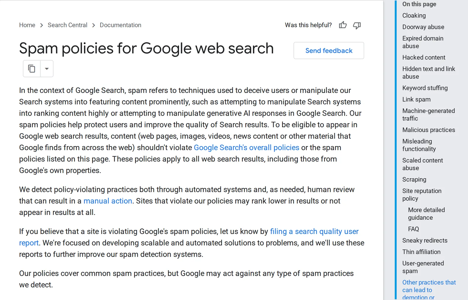 Google's Spam policies for Google web search page, with the full list of policies in the On this page menu: cloaking, doorway abuse, expired domain abuse, hacked content, hidden text and link abuse, keyword stuffing, link spam, machine-generated traffic, malicious practices, misleading functionality, scaled content abuse, scraping, site reputation policy, sneaky redirects, thin affiliation and user-generated spam