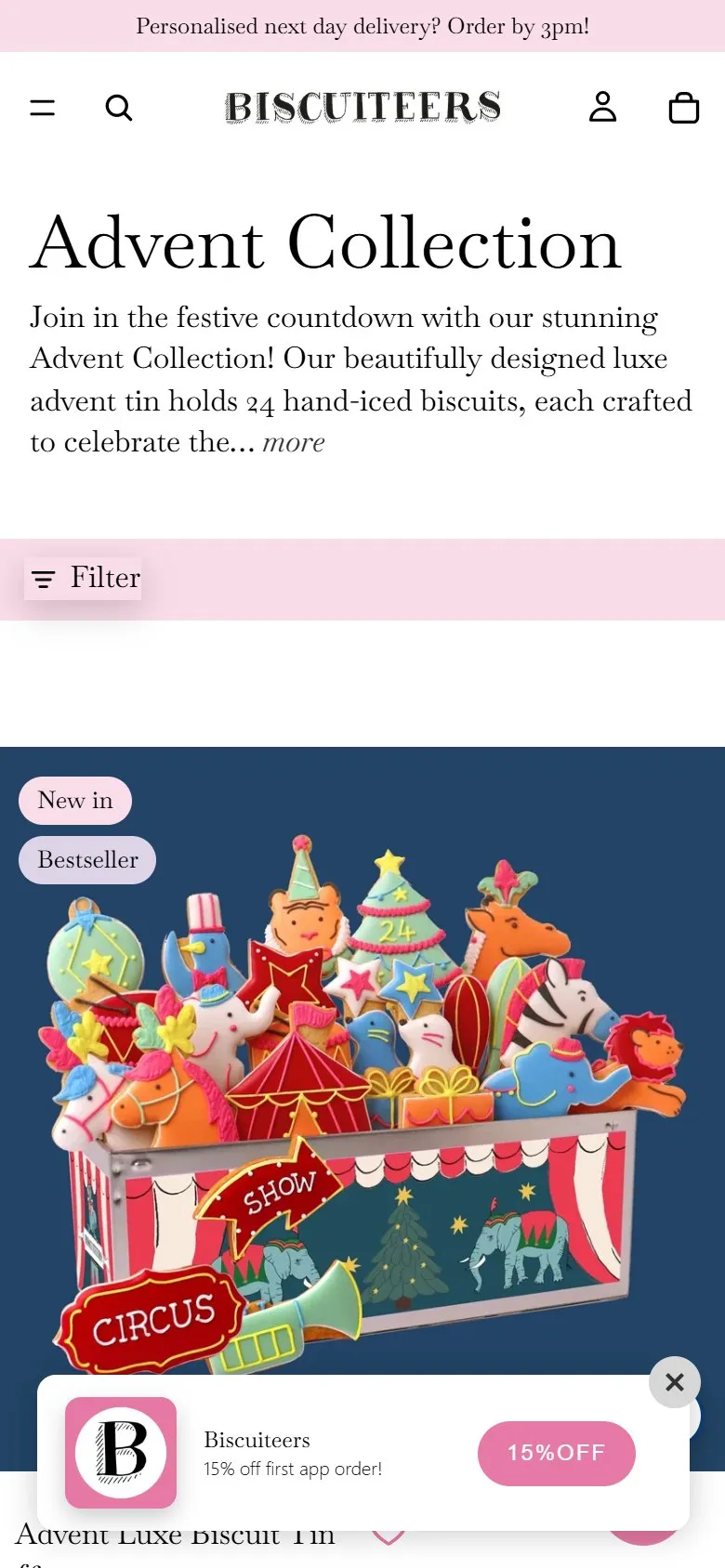 Biscuiteers collection page, mobile screenshot: A small advent calendar collection that's worth its own page