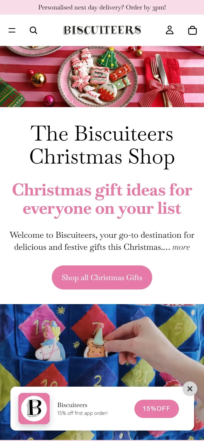 Biscuiteers content page, mobile screenshot: A Christmas gift page that lets you send to several addresses in one order