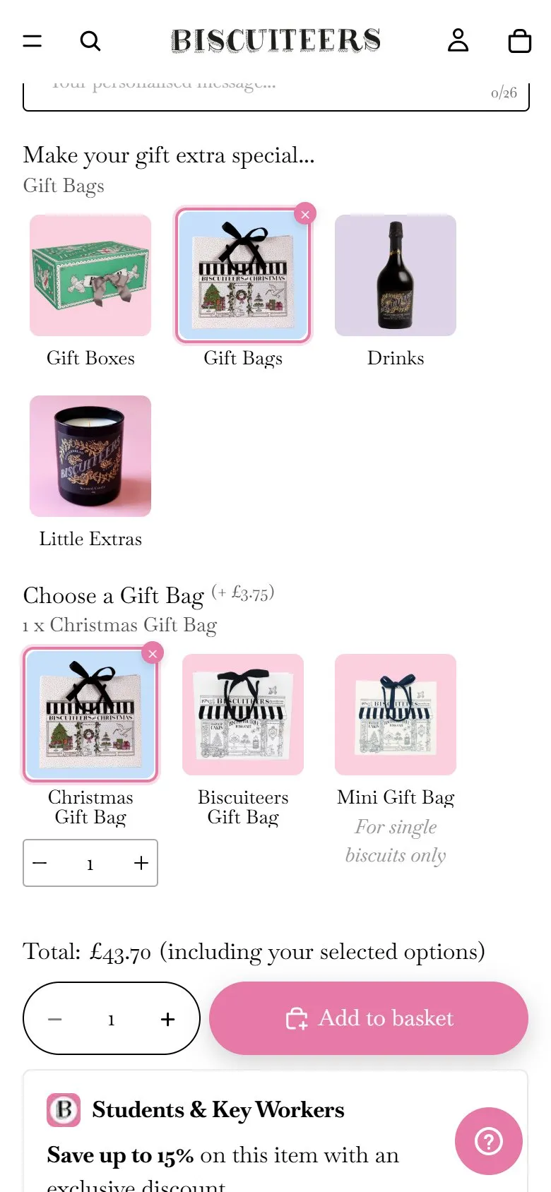 Biscuiteers product page, mobile screenshot: Turning a biscuit tin into a finished present, right on the product page
