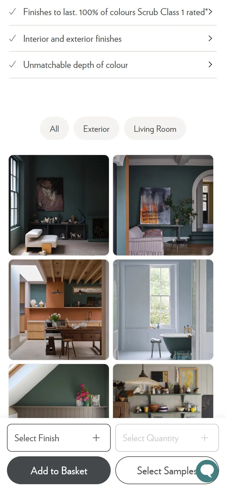 Farrow & Ball product page, mobile screenshot: A gallery of the product in real rooms, filtered by room
