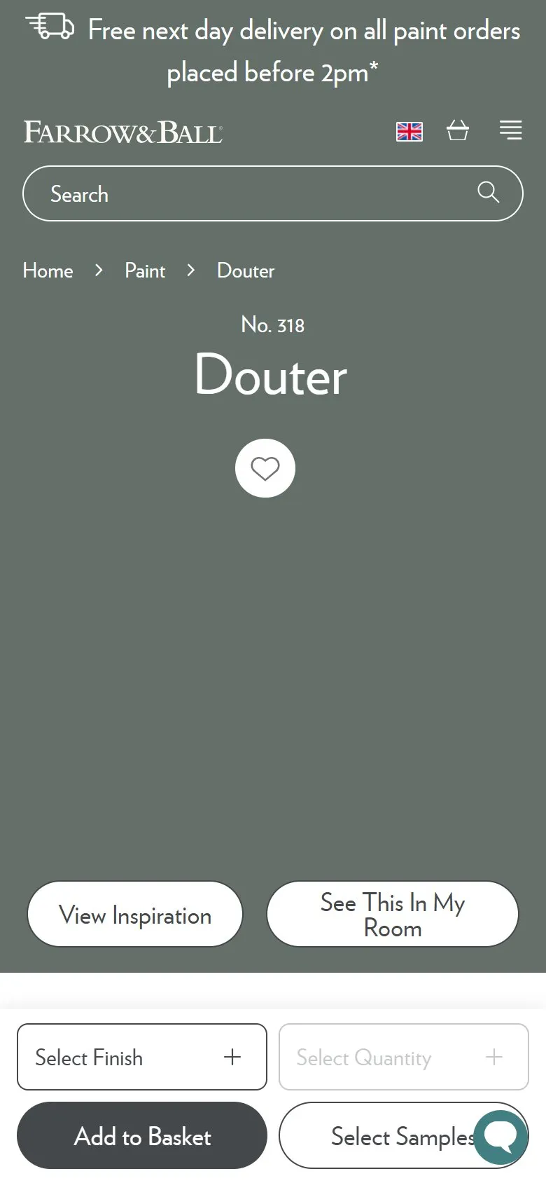 Farrow & Ball product page, mobile screenshot: A product page header that repaints itself in the colour you've selected