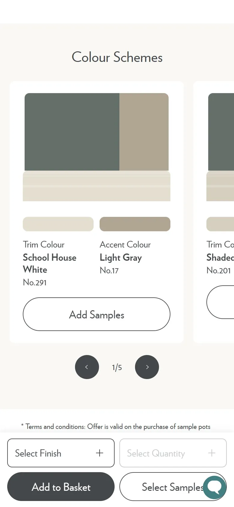 Farrow & Ball product page, mobile screenshot: Ready-made colour schemes you can add to the basket in one tap