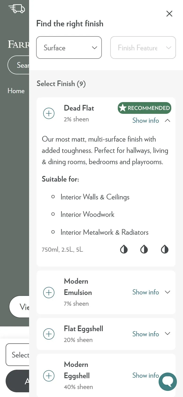 Farrow & Ball product page, mobile screenshot: A finish selector that explains each option as you choose