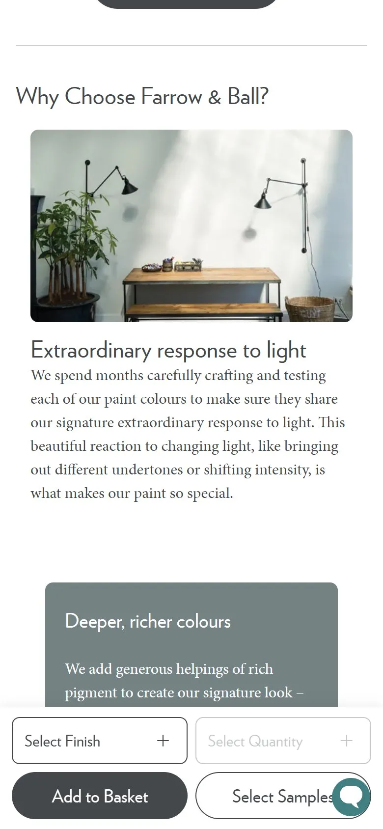 Farrow & Ball product page, mobile screenshot: Detailed product information below the add to basket