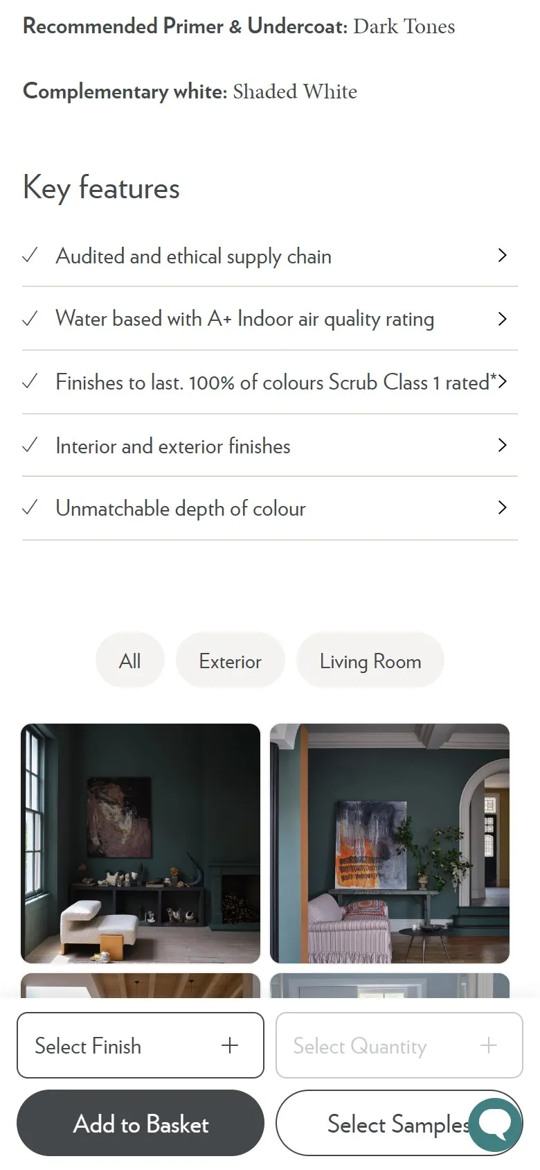 Farrow & Ball product page, mobile screenshot: A scannable key features list that builds trust