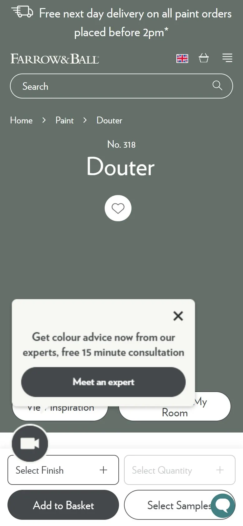 Farrow & Ball product page, mobile screenshot: A free live video call with an expert, offered on the product page