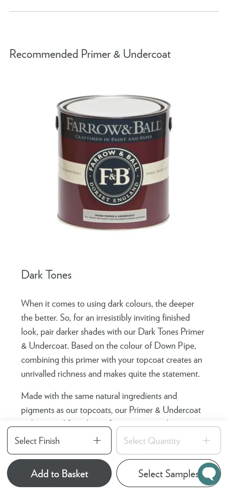 Farrow & Ball product page, mobile screenshot: An upsell matched to the product, with the reason explained