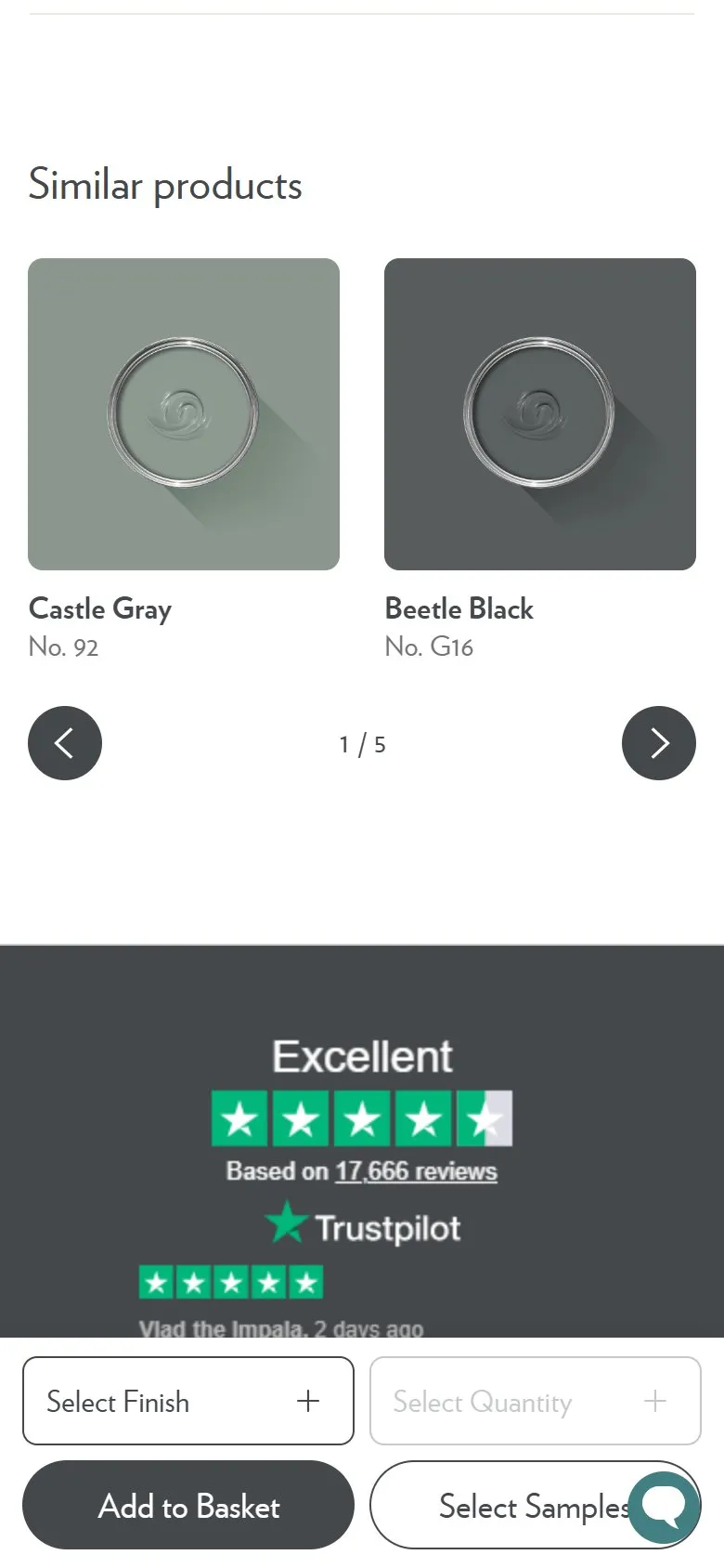 Farrow & Ball product page, mobile screenshot: Similar alternatives kept separate from products that go with it