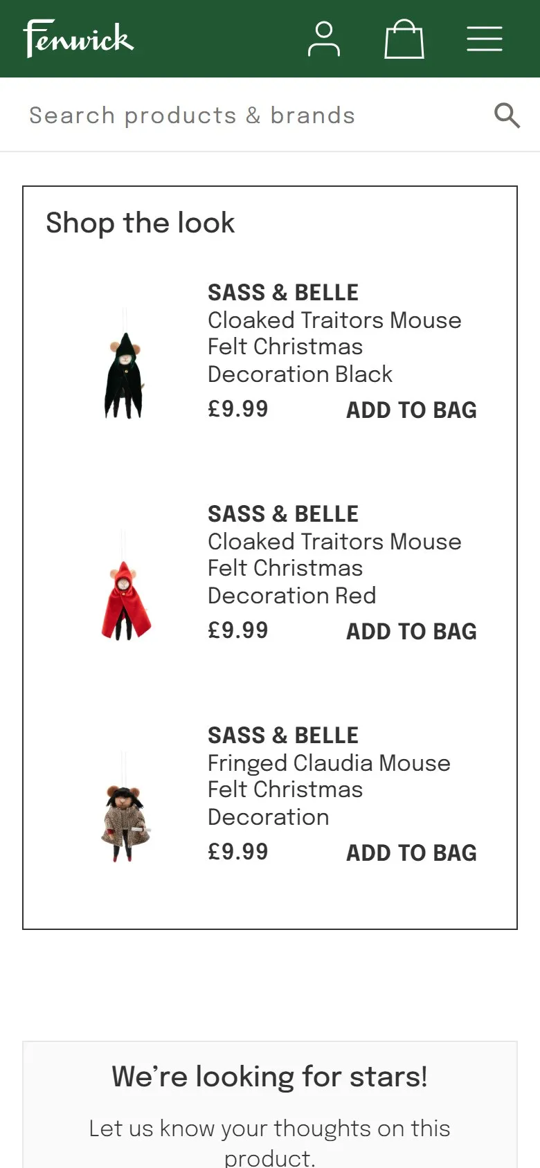 Fenwick product page, mobile · look screenshot: Upselling relevant add-ons at a similar price