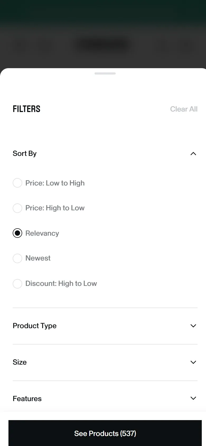 Gymshark collection page, mobile screenshot: Filters for features, fit and activity, not just size and price
