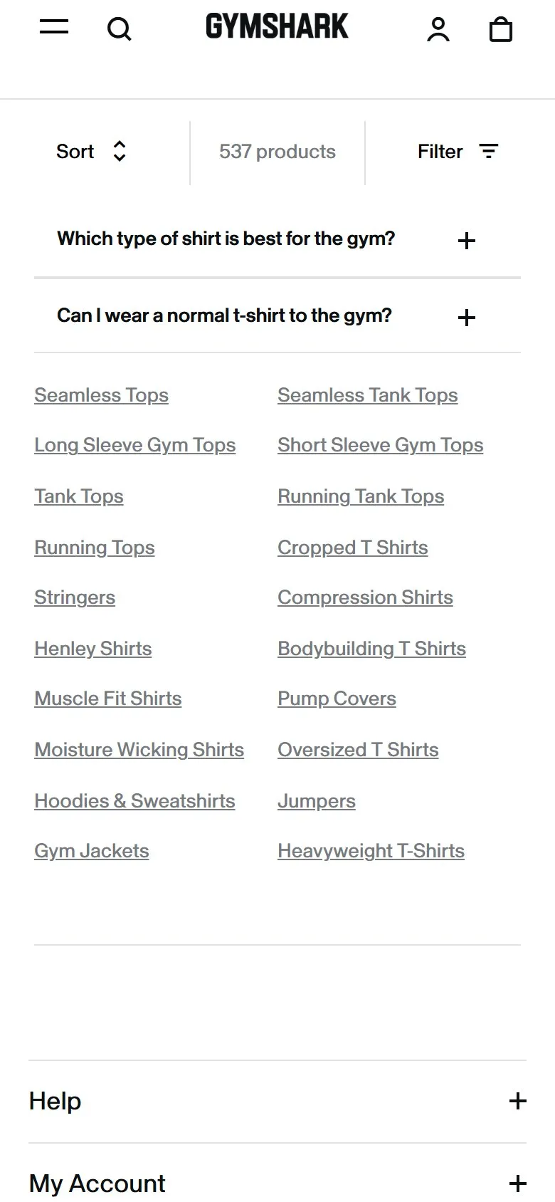 Gymshark collection page, mobile screenshot: FAQs on the collection page that answer buying questions