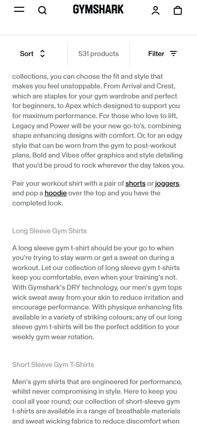 Gymshark collection page, mobile screenshot: SEO copy under the product grid, linking to related collections