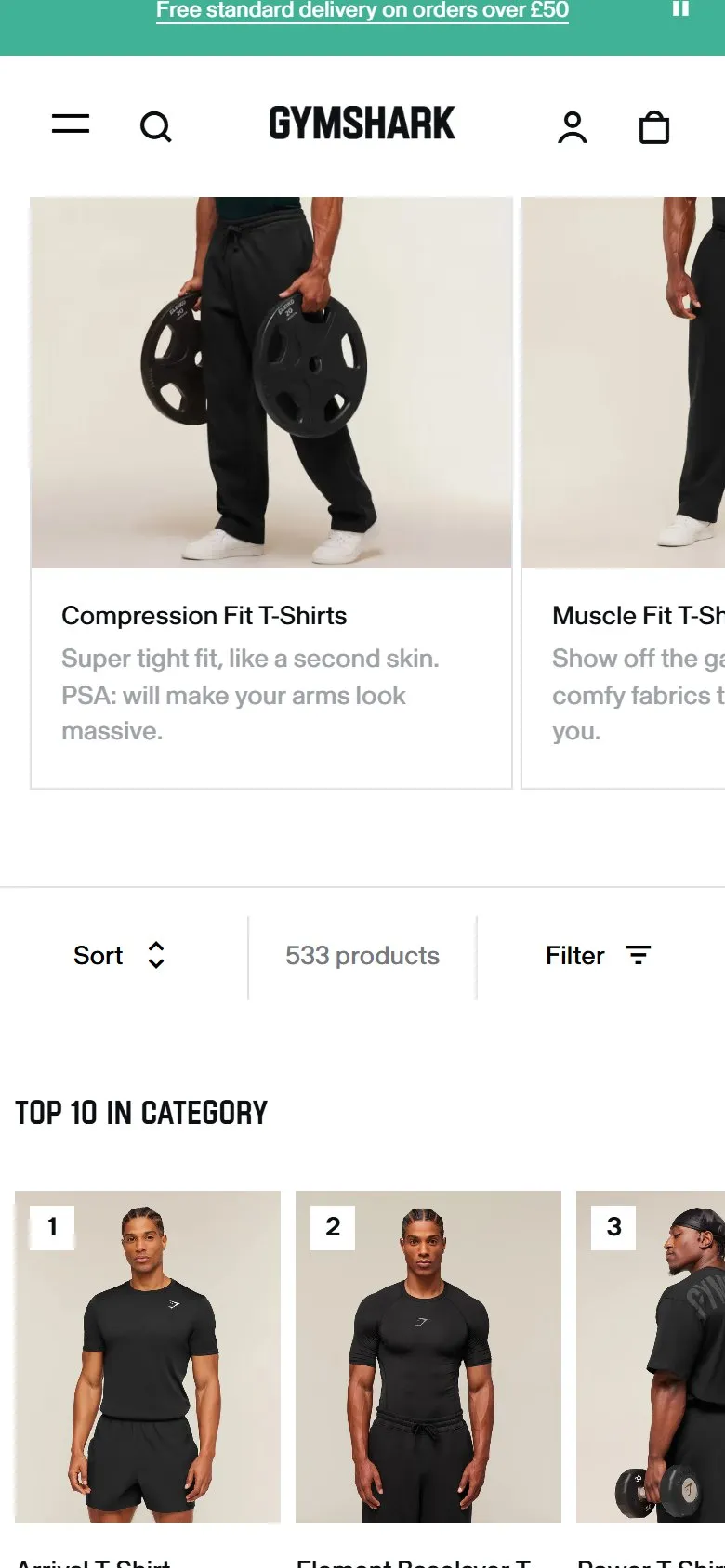 Gymshark collection page, mobile screenshot: Image cards linking to sub-categories above the product grid