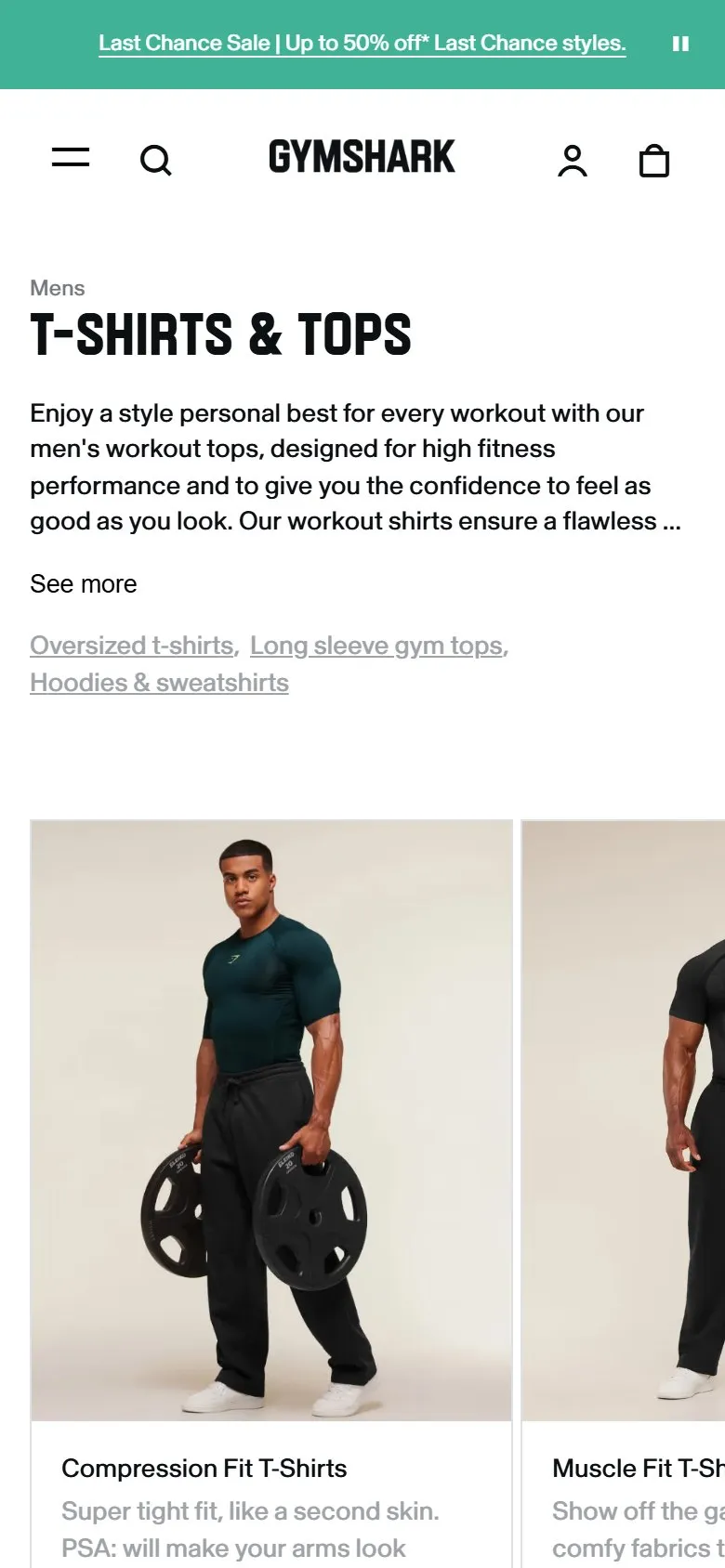 Gymshark collection page, mobile screenshot: Short intro copy with a See more toggle and related links