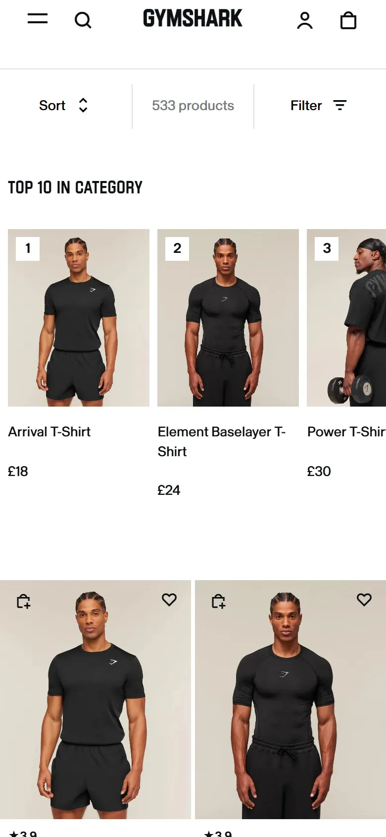 Gymshark collection page, mobile screenshot: A numbered bestsellers carousel for the category