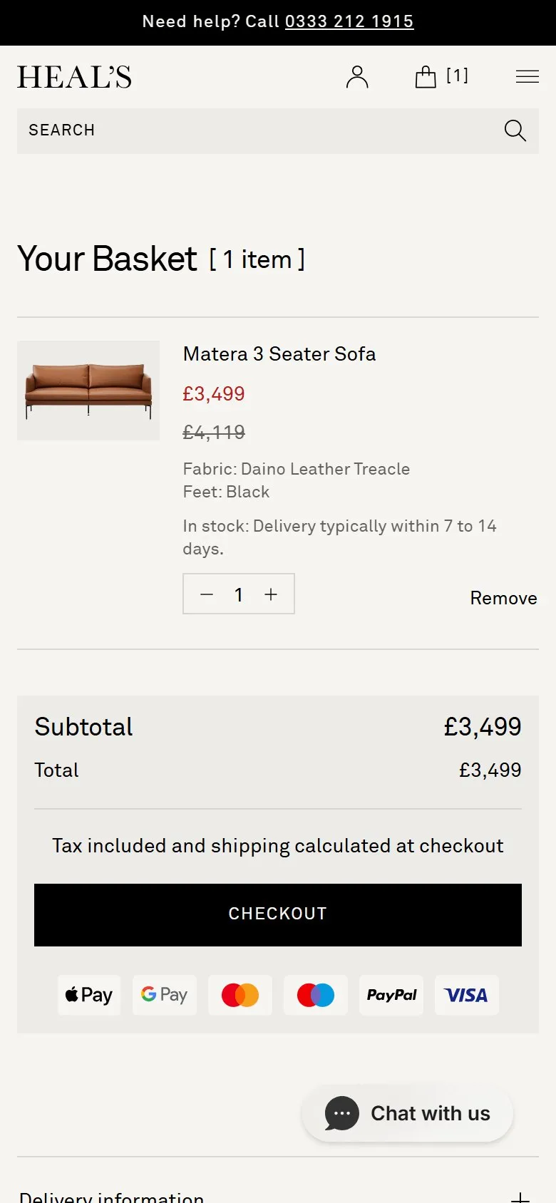 Heal's checkout, mobile screenshot: A high-value basket with no cross-sells or add-ons