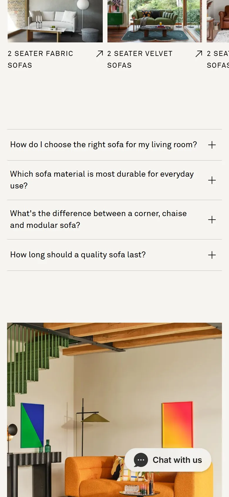 Heal's collection page, mobile screenshot: Buying advice FAQs and guides under the product grid