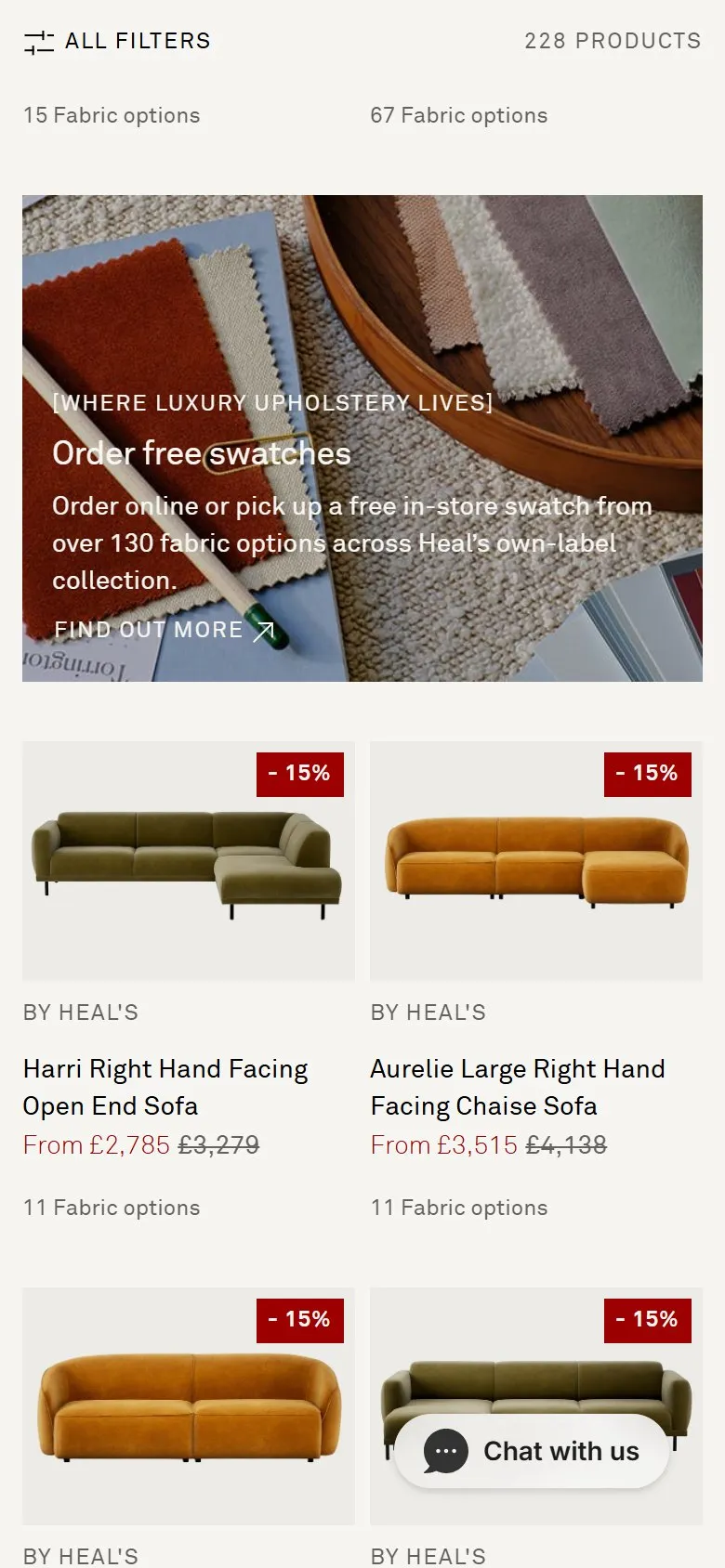Heal's collection page, mobile screenshot: A free samples offer shown as a tile in the product grid