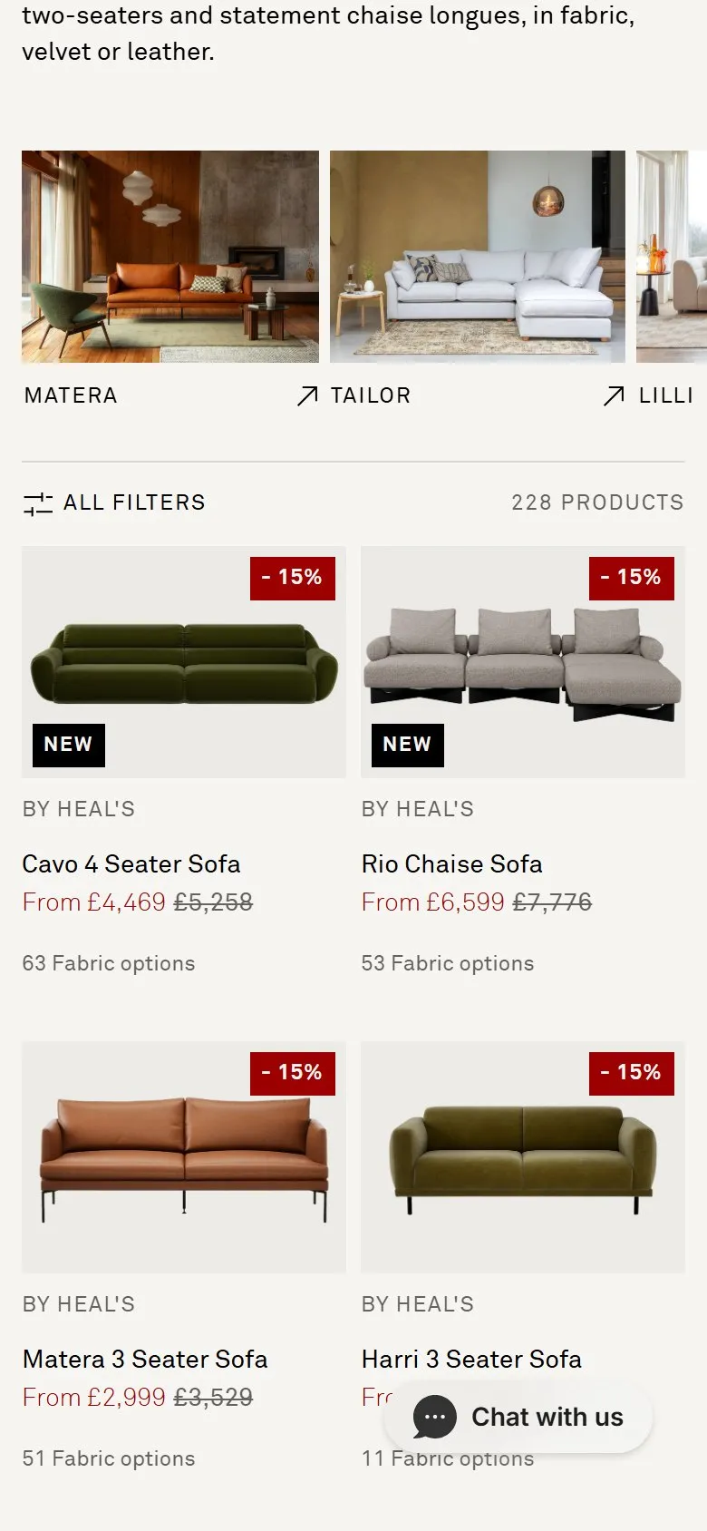Heal's collection page, mobile screenshot: An image carousel of product ranges above the grid