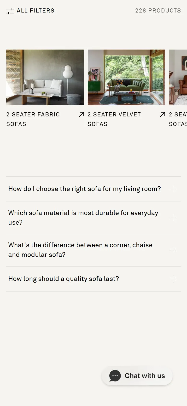 Heal's collection page, mobile screenshot: A carousel of related sub-categories below the grid