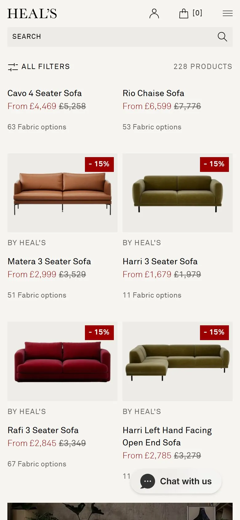 Heal's collection page, mobile screenshot: Colour swatches on product cards, with a fabric count on mobile