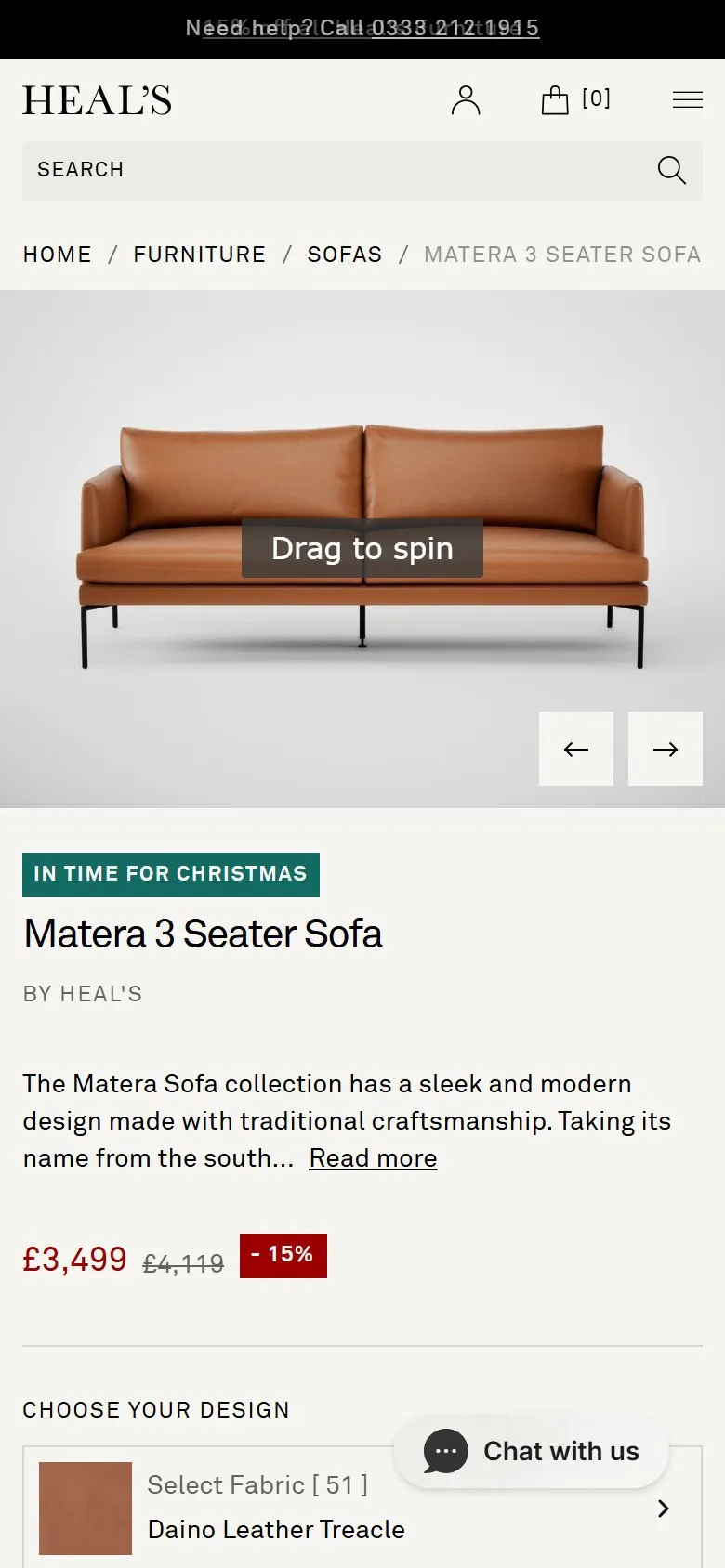 Heal's product page, mobile screenshot: A 360 product view you can drag to spin, as the main image