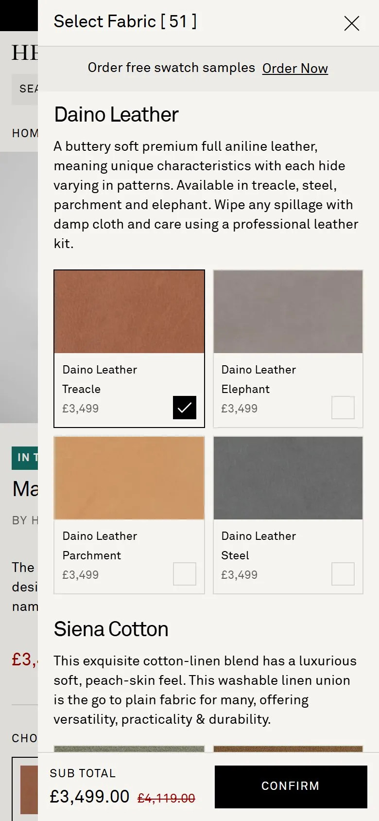 Heal's product page, mobile screenshot: A fabric picker grouped by type, with a price on every option