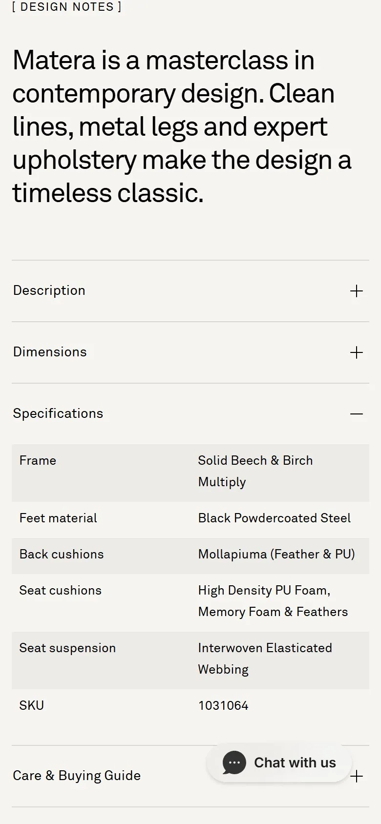 Heal's product page, mobile screenshot: Detailed product specifications in accordions