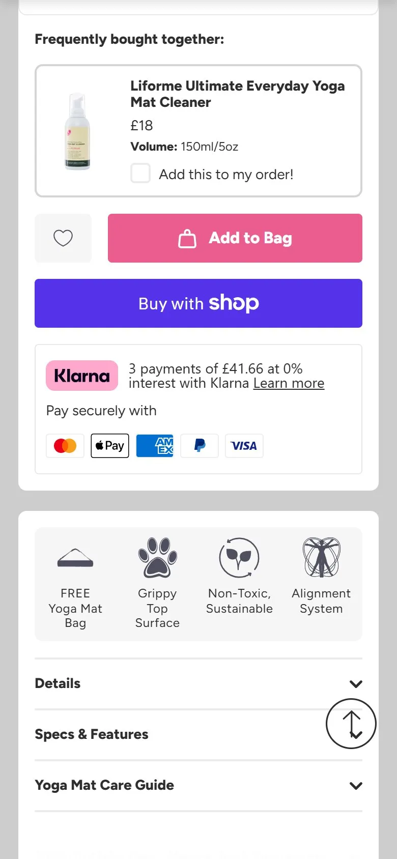 Liforme product page, mobile screenshot: Add-on products you can tick before adding to basket