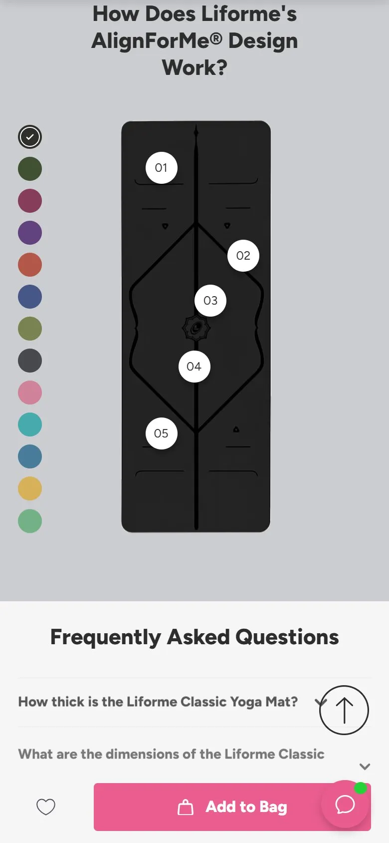 Liforme product page, mobile screenshot: Clickable hotspots explaining each product feature