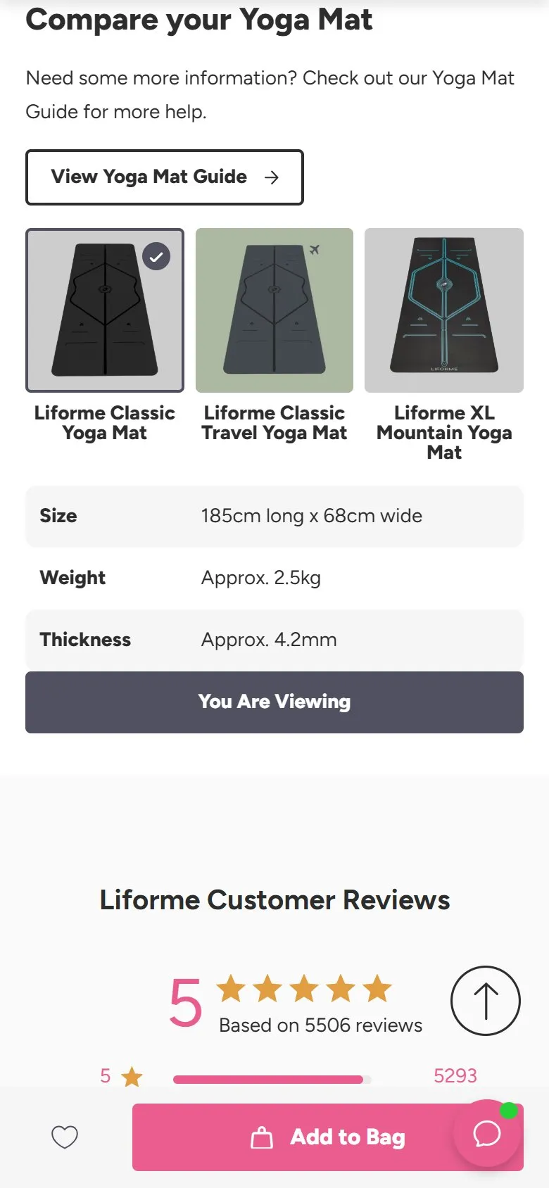 Liforme product page, mobile screenshot: A comparison table of products in the same range