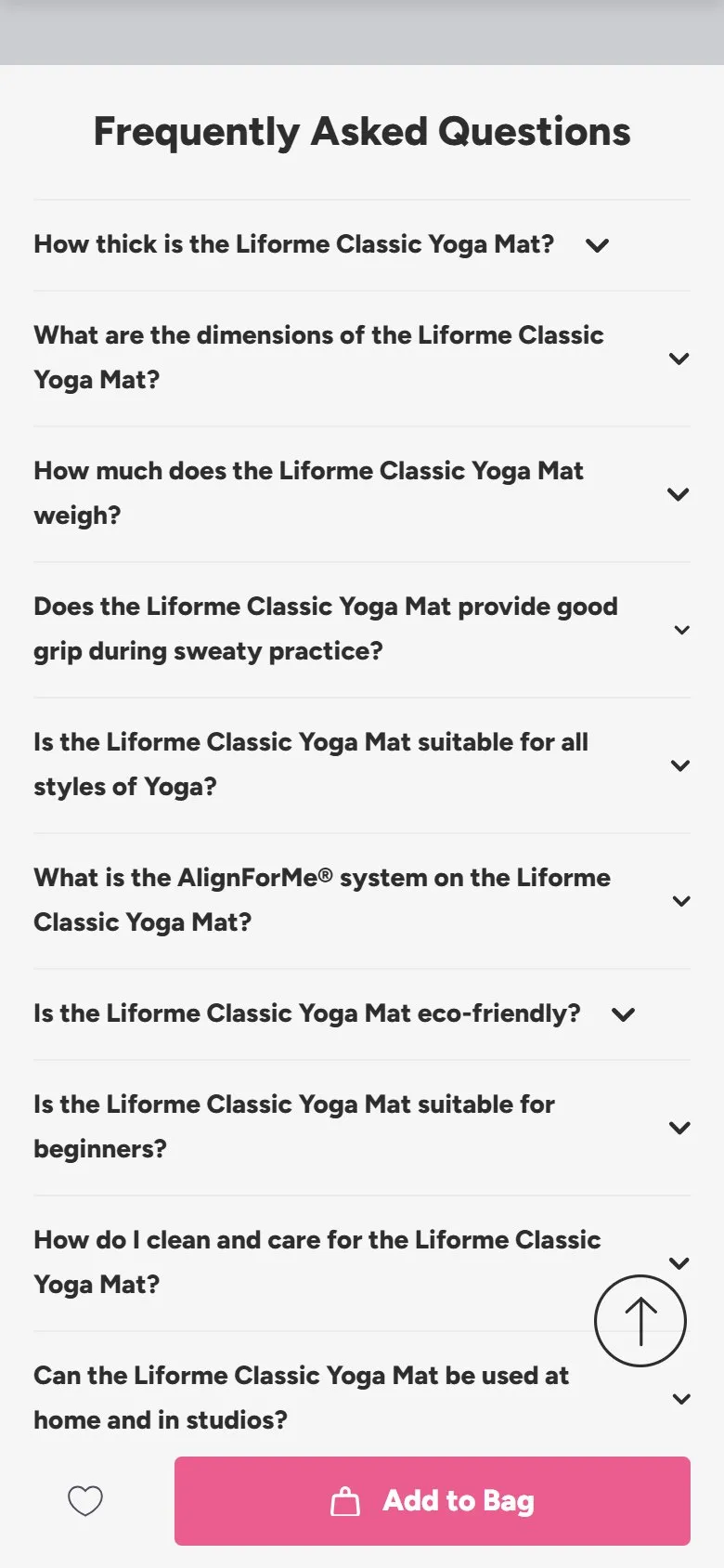 Liforme product page, mobile screenshot: Product-specific FAQs on the product page