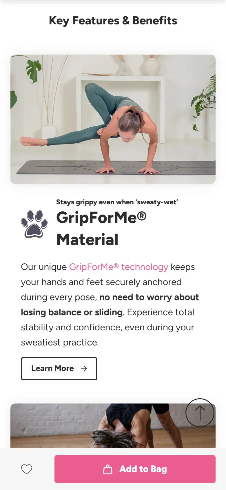 Liforme product page, mobile screenshot: Image and text sections explaining each key feature