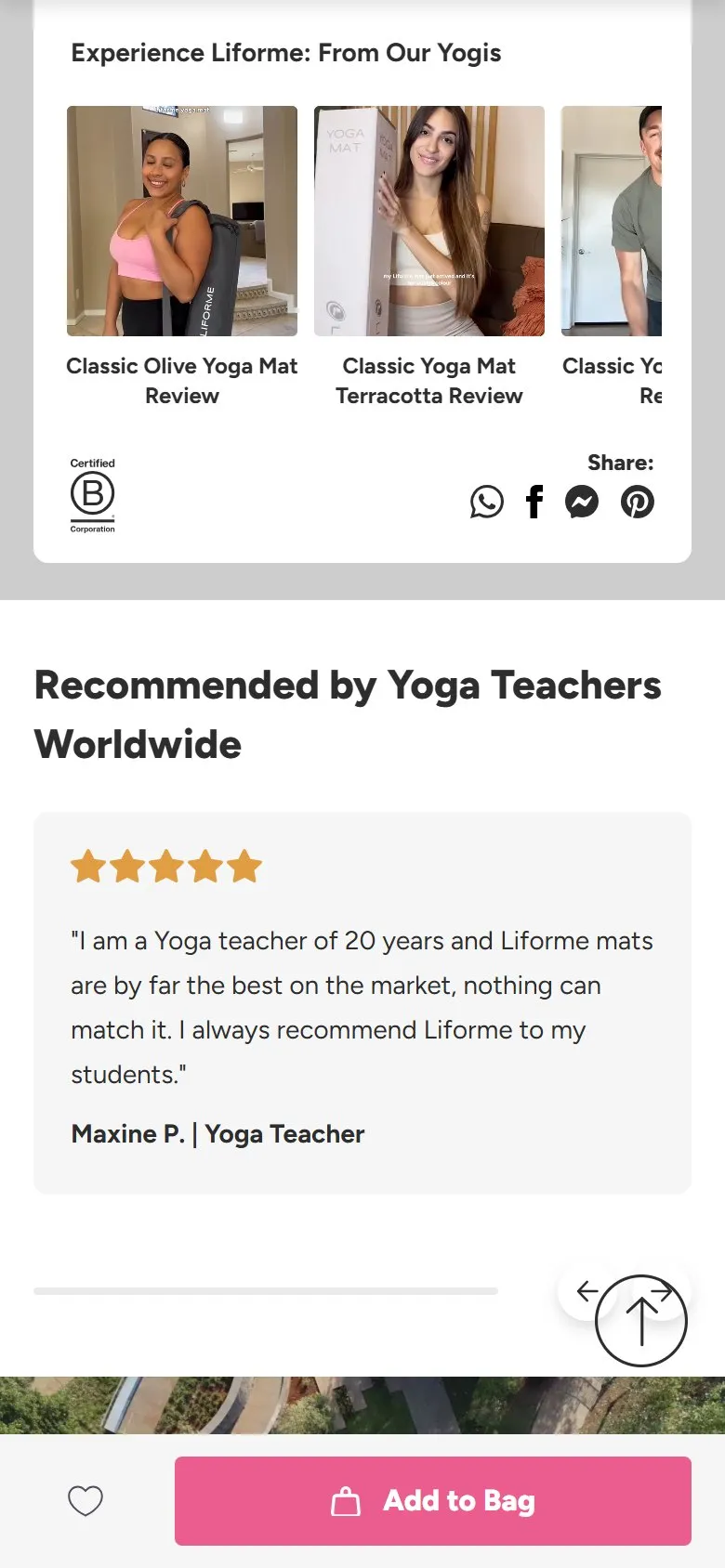 Liforme product page, mobile screenshot: A video of the product in use, on the product page
