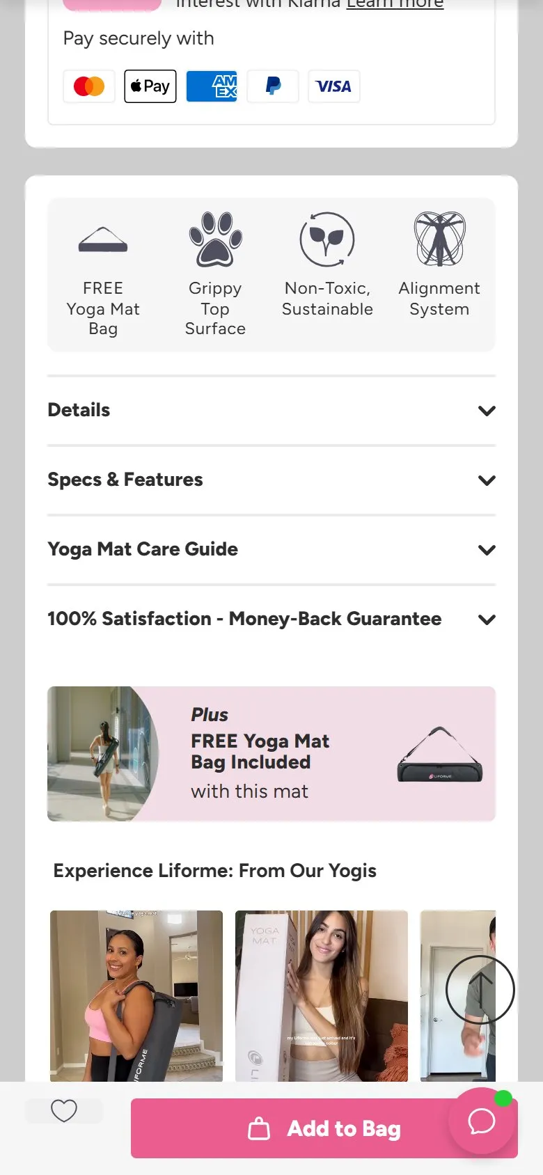 Liforme product page, mobile screenshot: Icons summarising the key benefits under the add to basket