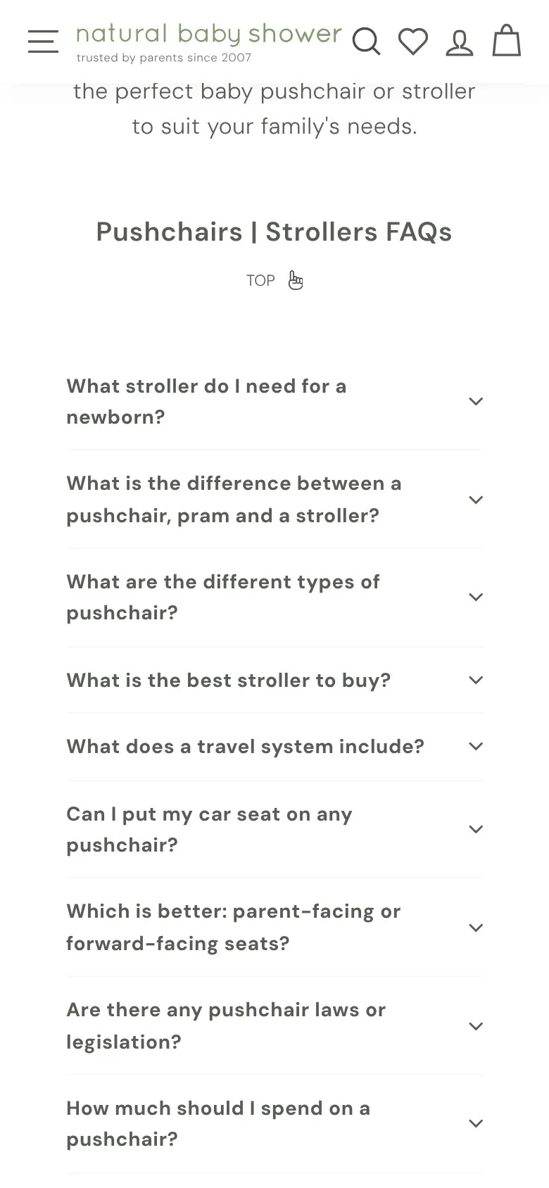 Natural Baby Shower collection page, mobile · pushchairs screenshot: Blog posts and FAQs on the collection page, rather than shut away in the blog