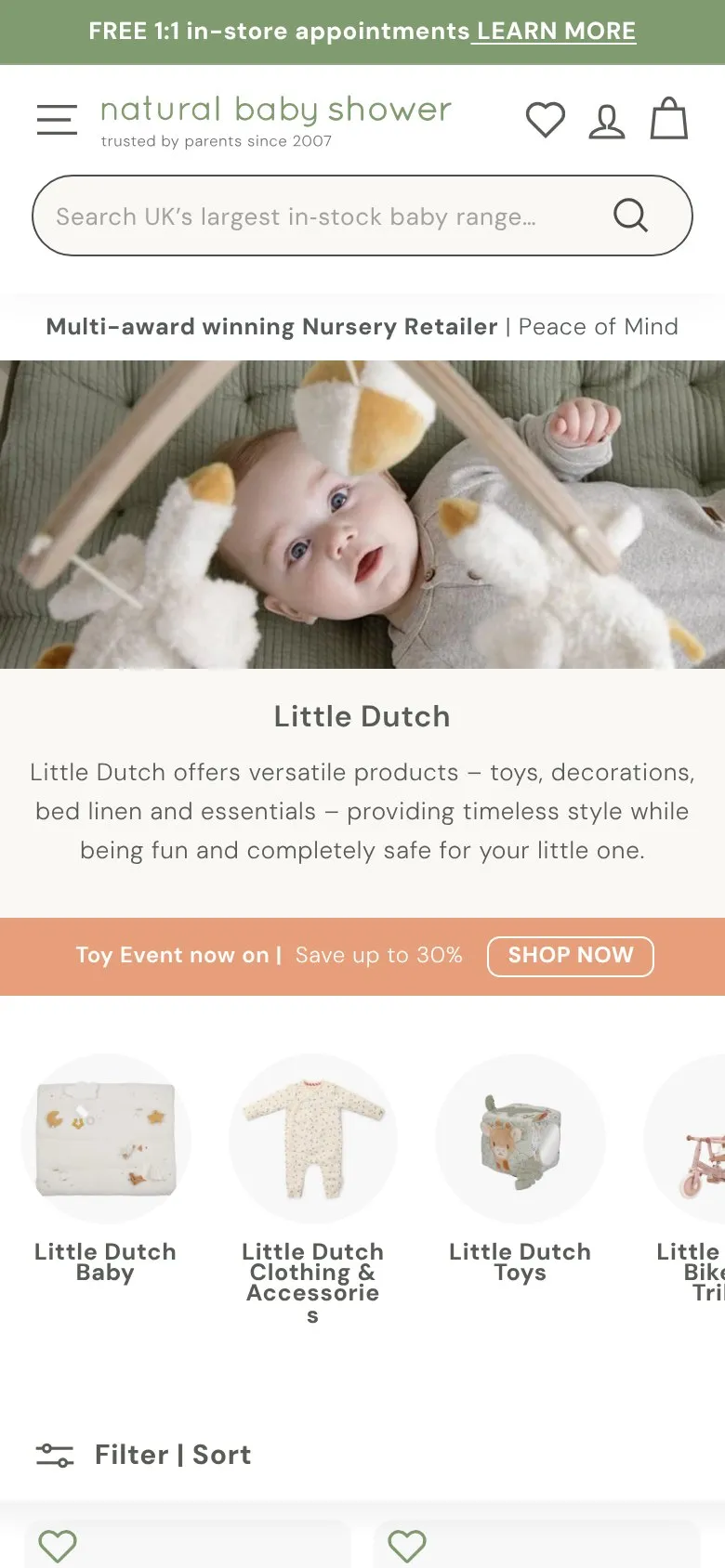 Natural Baby Shower collection page, mobile screenshot: Picture links from a brand page to brand-by-category pages, each with its own intro and a breadcrumb back