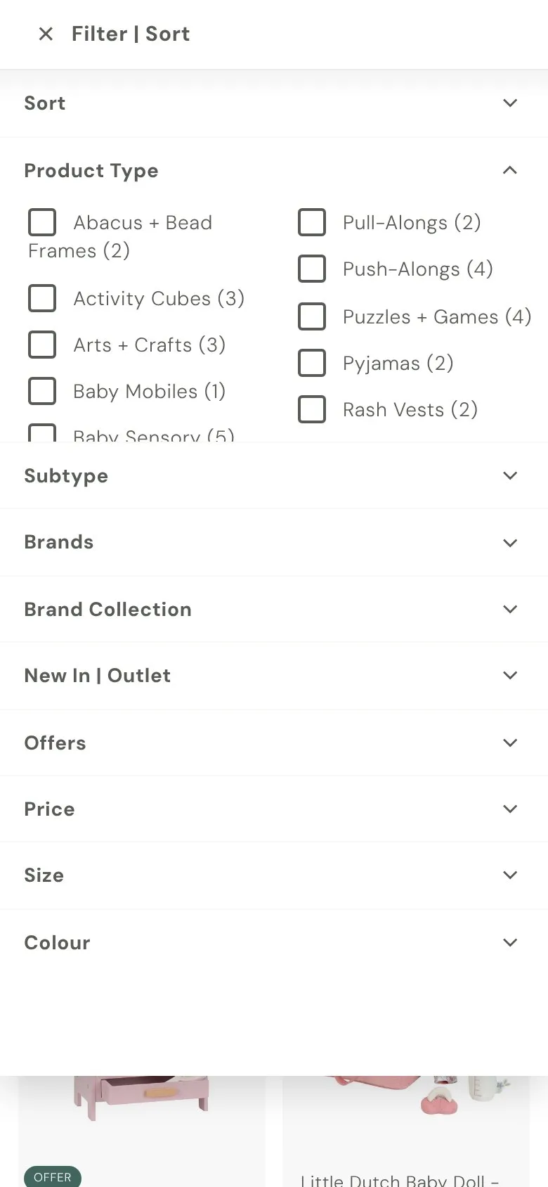 Natural Baby Shower collection page, mobile screenshot: Filters for type, subtype, size and colour, with a count on every option