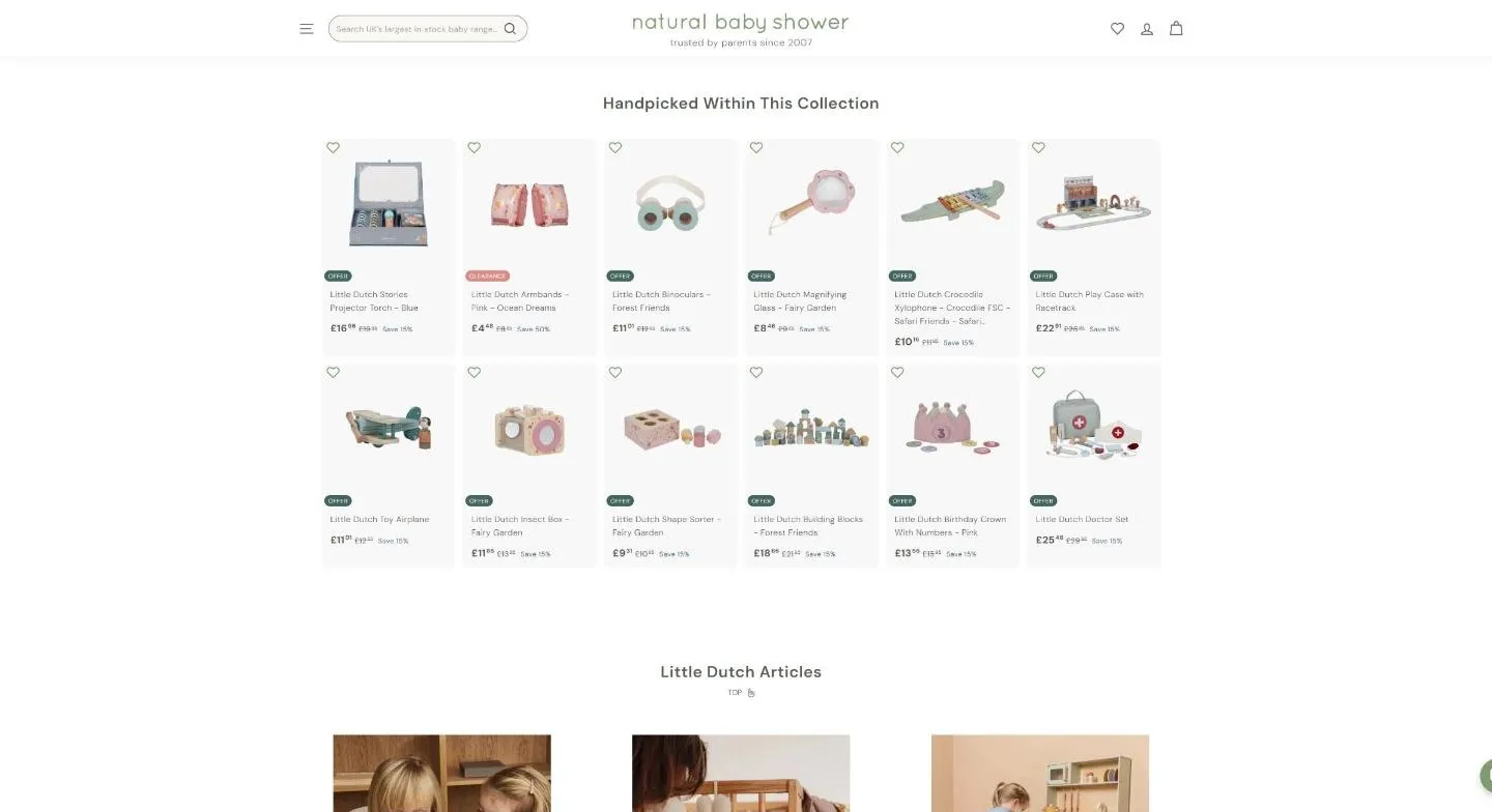 Natural Baby Shower collection page, desktop screenshot: A "Handpicked Within This Collection" grid under the main products