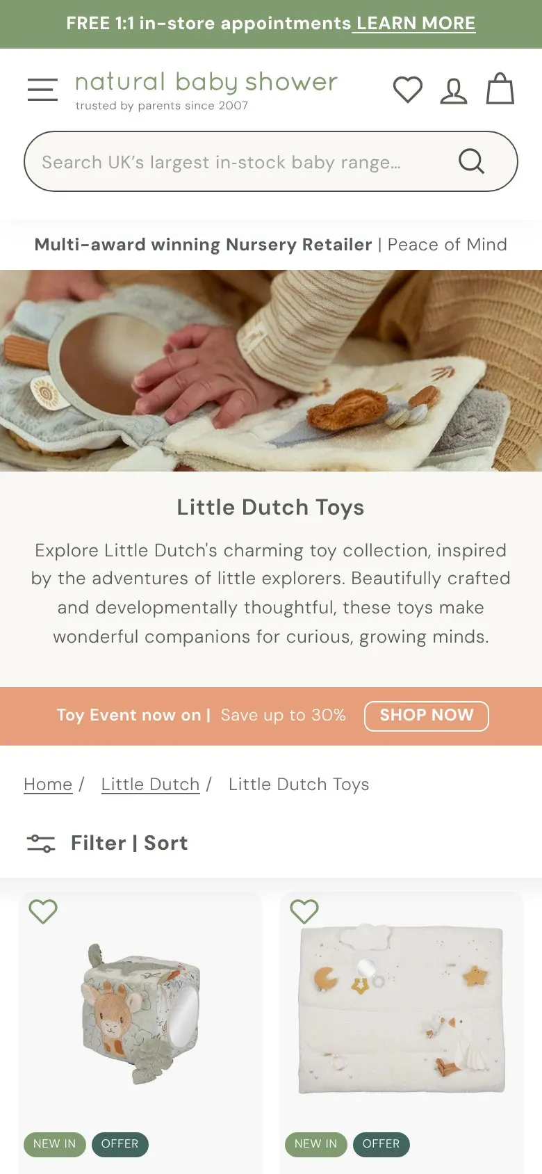 Natural Baby Shower collection page, mobile screenshot: A Little Dutch Toys page whose title tag is about wooden role play