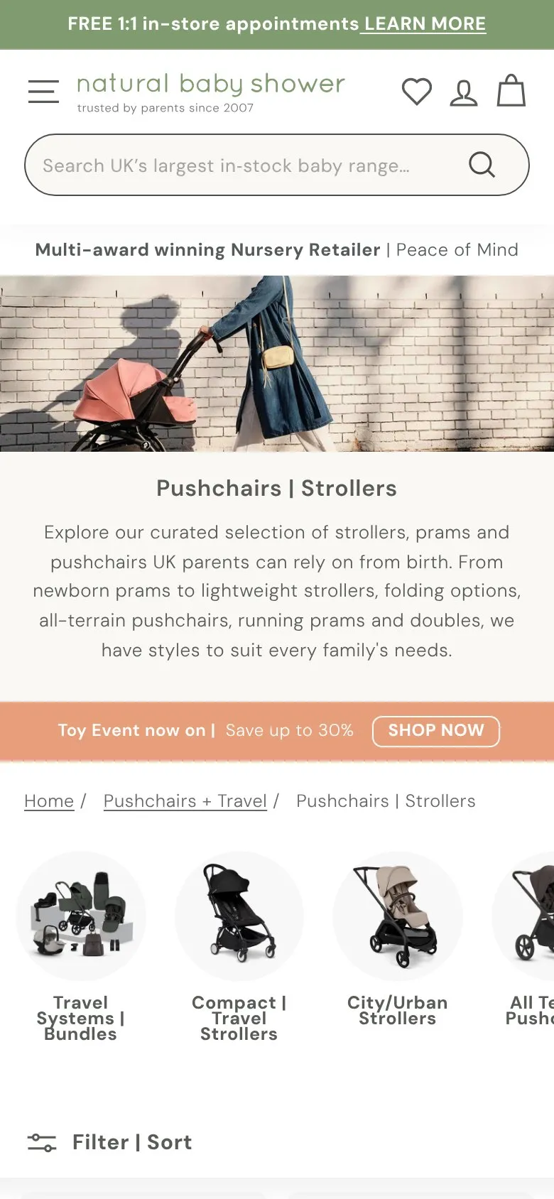 Natural Baby Shower collection page, mobile screenshot: Awards, reviews and a real shop, on every page