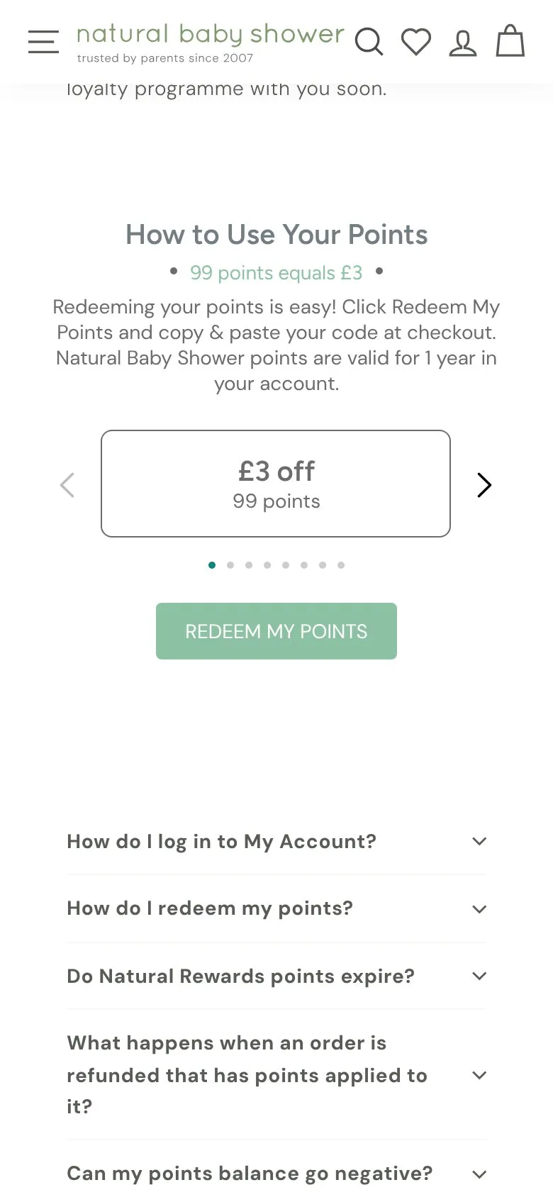 Natural Baby Shower content page, mobile · points screenshot: A points scheme that gives money back without cutting the price