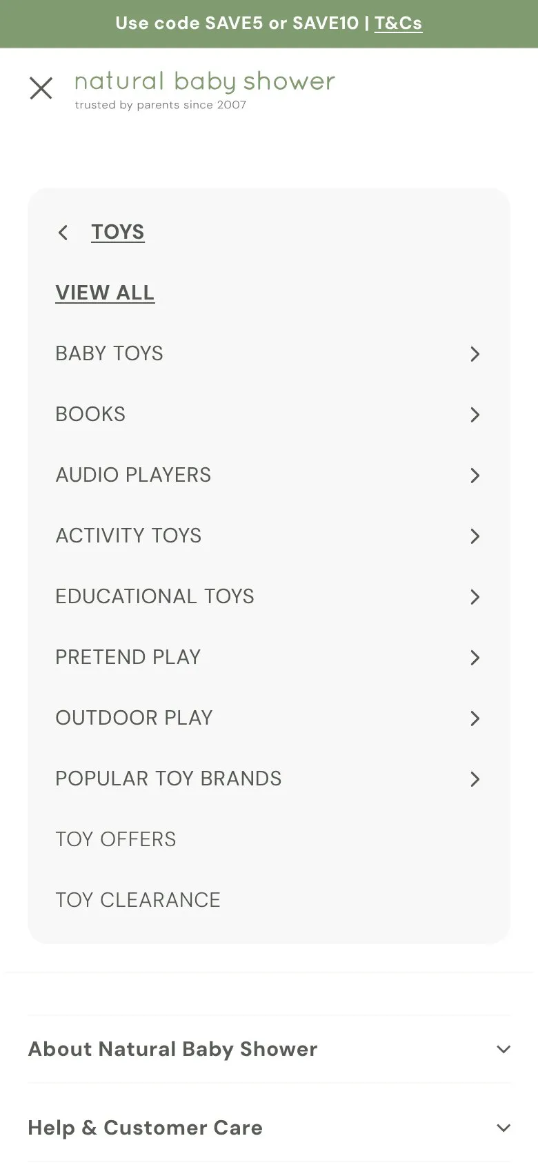 Natural Baby Shower navigation, mobile screenshot: A big mega menu that's packed tight on desktop and tablet