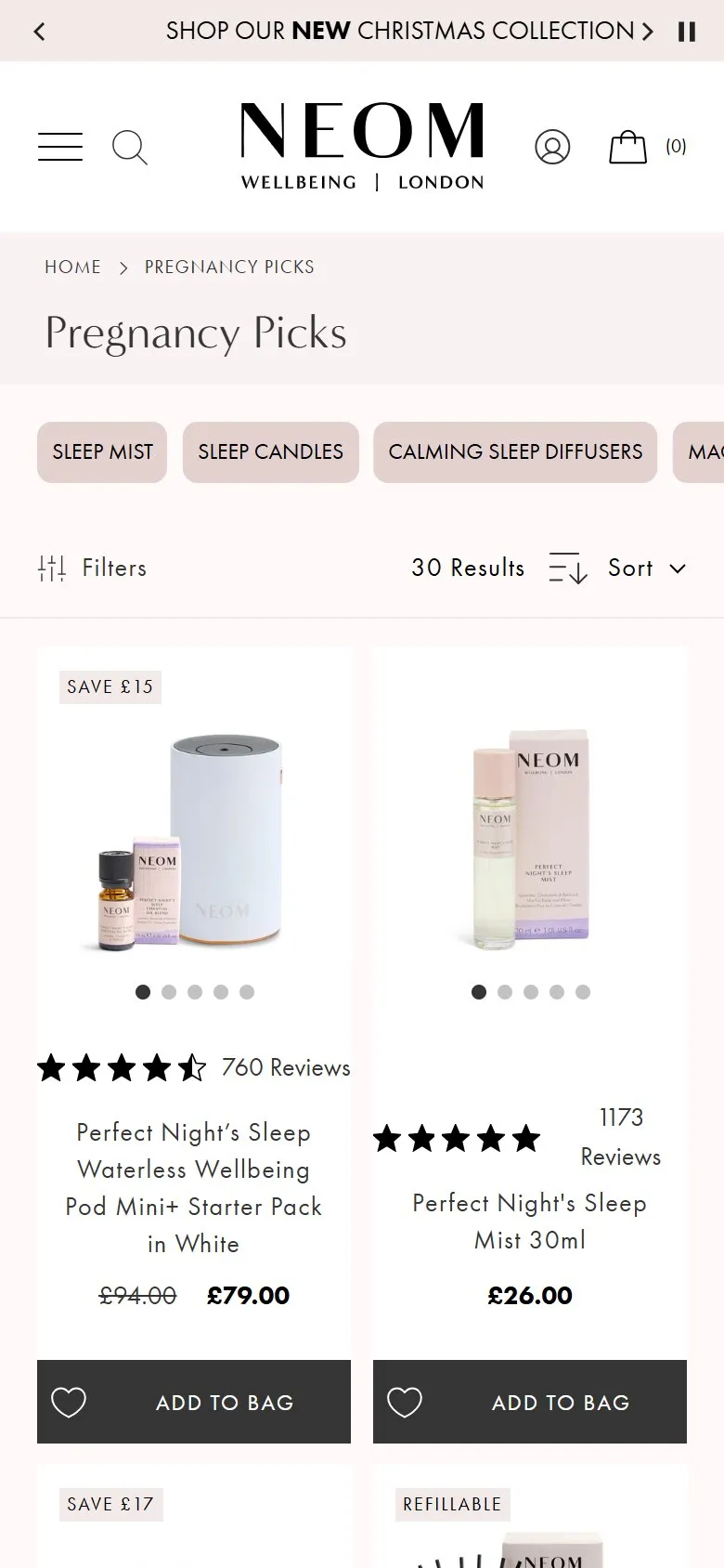 NEOM collection page, mobile screenshot: A pregnancy-safe collection that ranks for "pregnancy candle"