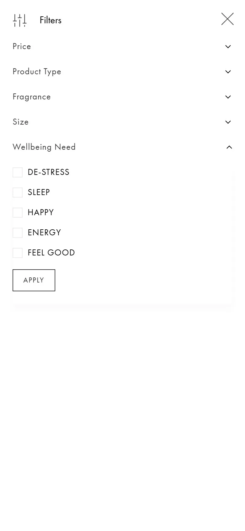 NEOM collection page, mobile screenshot: Letting shoppers choose a candle by mood and scent