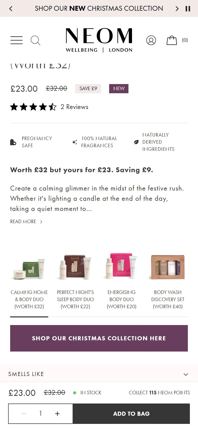 NEOM product page, mobile screenshot: Pregnancy-safe and natural ingredient badges by the price