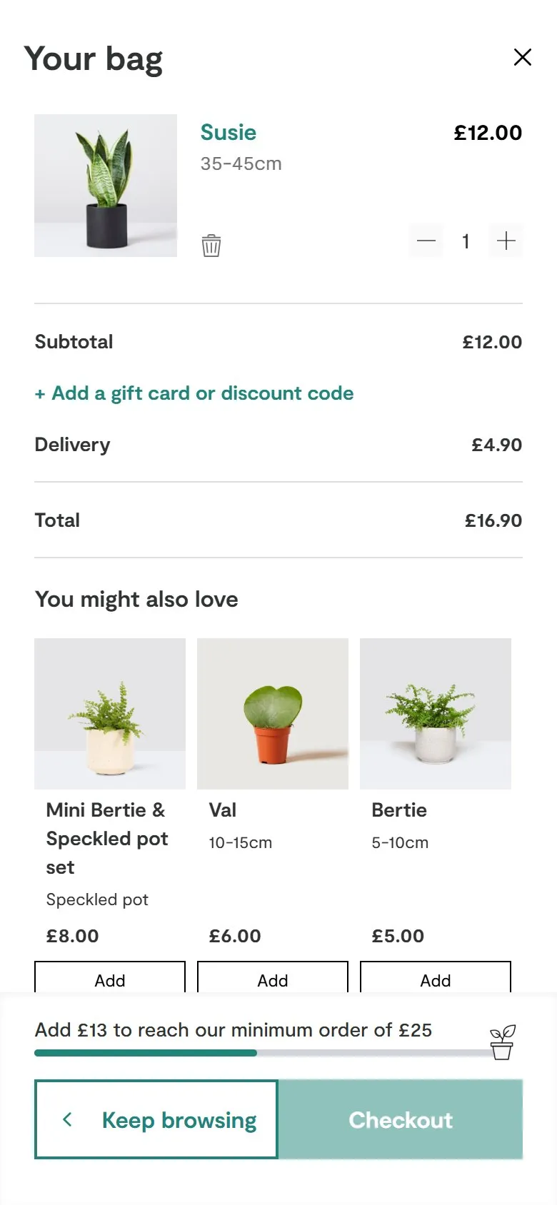 Patch checkout, mobile screenshot: A basket that blocks small orders but suggests things that don't go with the plant
